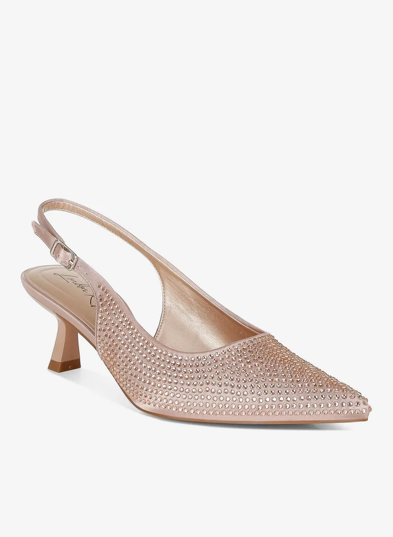 لندن راج صندل مفتوح من الخلف مزين بأحجار الراين باللون الذهبي الوردي