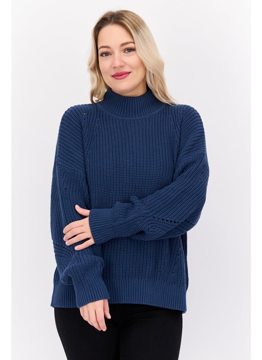 Women Mock Neck Long Sleeves Knitted Sweater, Navy - pzsku/Z38F5800A10574D17C924Z/45/_/1737642000/b18a2eae-c31f-48d7-a015-20988f5c3da3