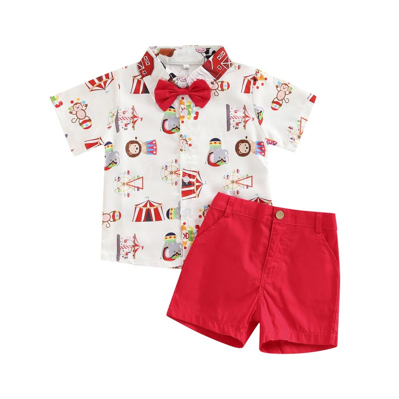 Rtnnsbbfcm Rtnnsbbfcm Toddler Baby Boy Summer Clothes Short Sleeve Cartoon Print Bow Tie Shirt Top Shorts 2Pcs Casual Outfit 612 MonthsCircus