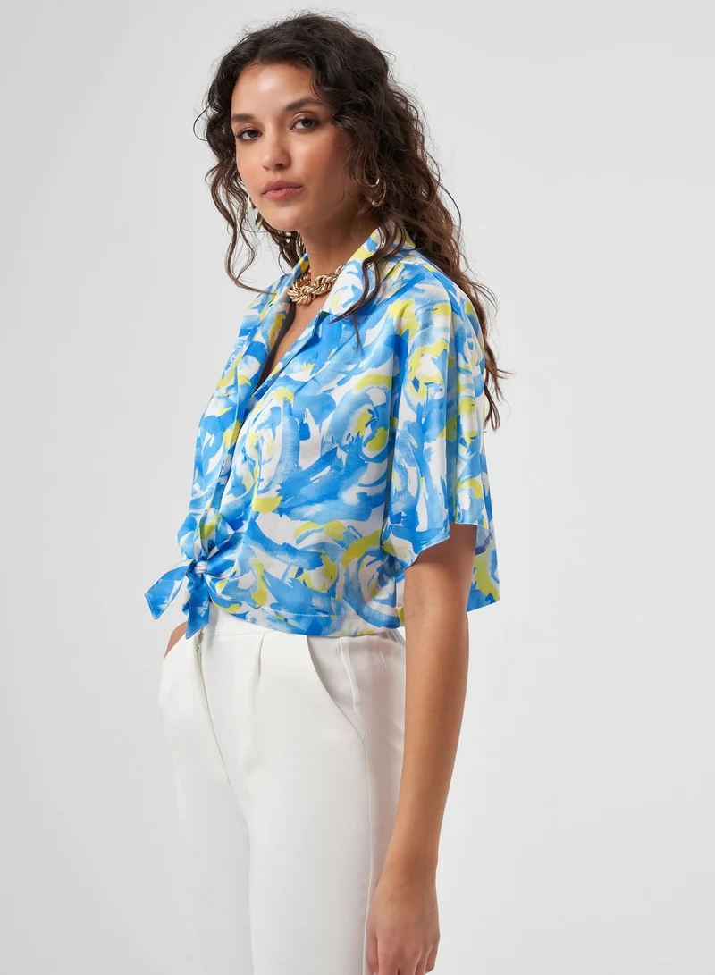 MIZALLE Printed Tie Detail Top