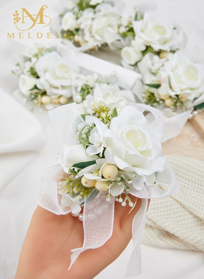 Meldel White Wrist Corsage for Women Bride Bridesmaids Wedding, Set of 6, Artificial Rose Corsages Wristlet for Prom Suit Accessories Bridal Shower Mother Homecoming Flowers Party Ceremony Anniversary - Image 5