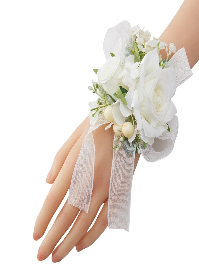 Meldel White Wrist Corsage for Women Bride Bridesmaids Wedding, Set of 6, Artificial Rose Corsages Wristlet for Prom Suit Accessories Bridal Shower Mother Homecoming Flowers Party Ceremony Anniversary - Image 1