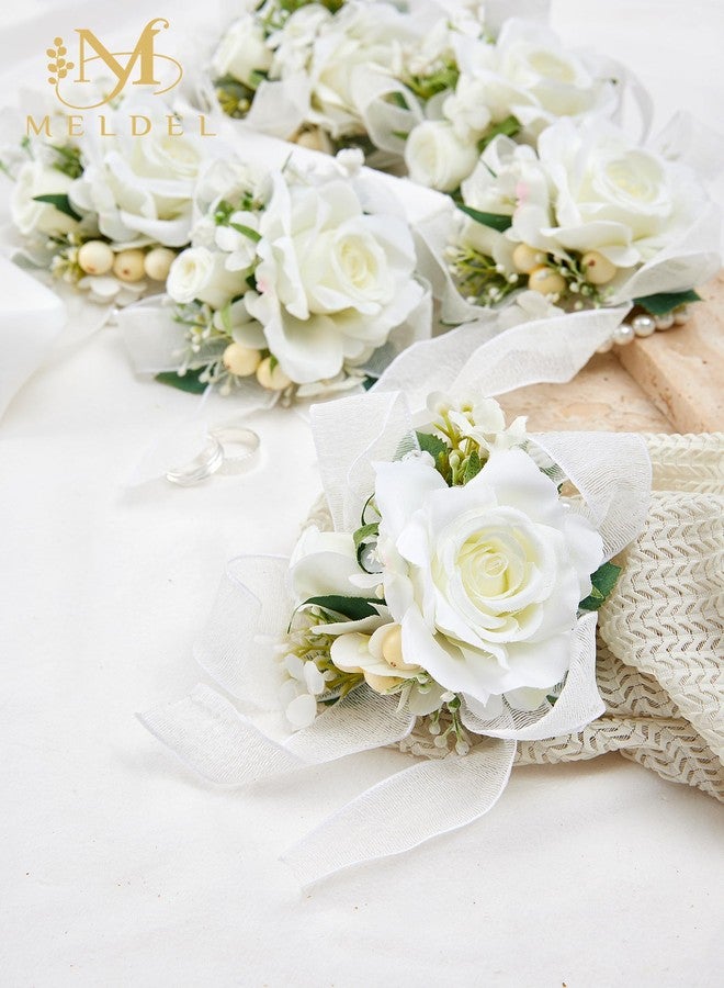 Meldel White Wrist Corsage for Women Bride Bridesmaids Wedding, Set of 6, Artificial Rose Corsages Wristlet for Prom Suit Accessories Bridal Shower Mother Homecoming Flowers Party Ceremony Anniversary - Image 3