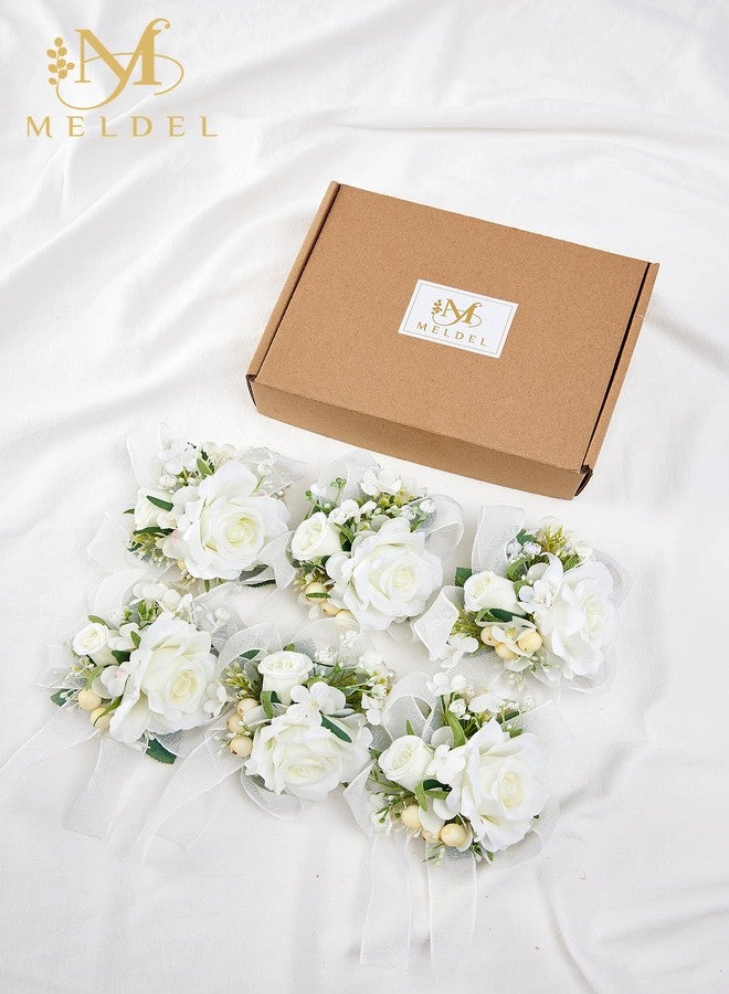 Meldel White Wrist Corsage for Women Bride Bridesmaids Wedding, Set of 6, Artificial Rose Corsages Wristlet for Prom Suit Accessories Bridal Shower Mother Homecoming Flowers Party Ceremony Anniversary - Image 4