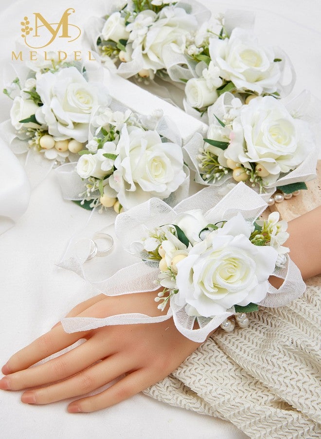 Meldel White Wrist Corsage for Women Bride Bridesmaids Wedding, Set of 6, Artificial Rose Corsages Wristlet for Prom Suit Accessories Bridal Shower Mother Homecoming Flowers Party Ceremony Anniversary - Image 2