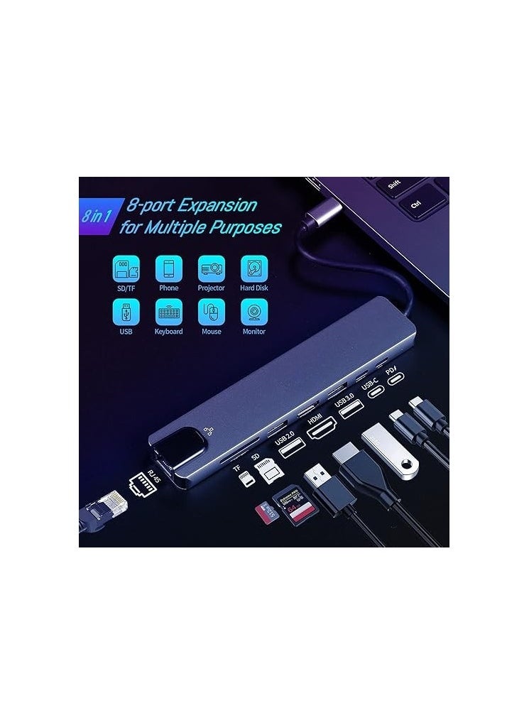 ماركة غير محددة محول USB-C متعدد الوظائف 8 في 1 – قاعدة توصيل بمنفذ HDMI، USB 3.0، شحن PD، شبكة RJ45، قارئ بطاقات TF/SD – محطة شحن متكاملة للابتوب  - Image 1