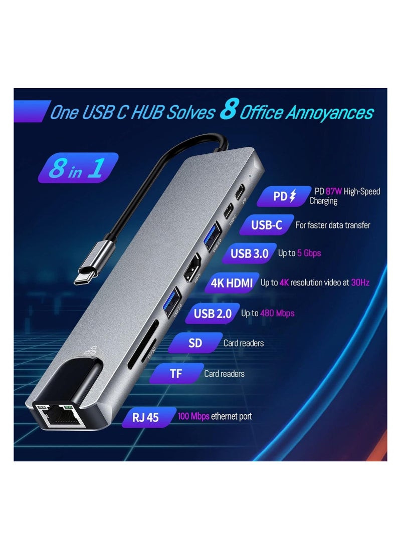 ماركة غير محددة محول USB-C متعدد الوظائف 8 في 1 – قاعدة توصيل بمنفذ HDMI، USB 3.0، شحن PD، شبكة RJ45، قارئ بطاقات TF/SD – محطة شحن متكاملة للابتوب  - Image 3