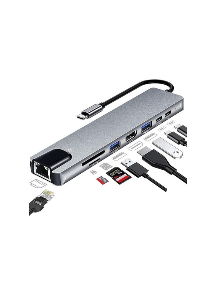 ماركة غير محددة محول USB-C متعدد الوظائف 8 في 1 – قاعدة توصيل بمنفذ HDMI، USB 3.0، شحن PD، شبكة RJ45، قارئ بطاقات TF/SD – محطة شحن متكاملة للابتوب  - Image 2