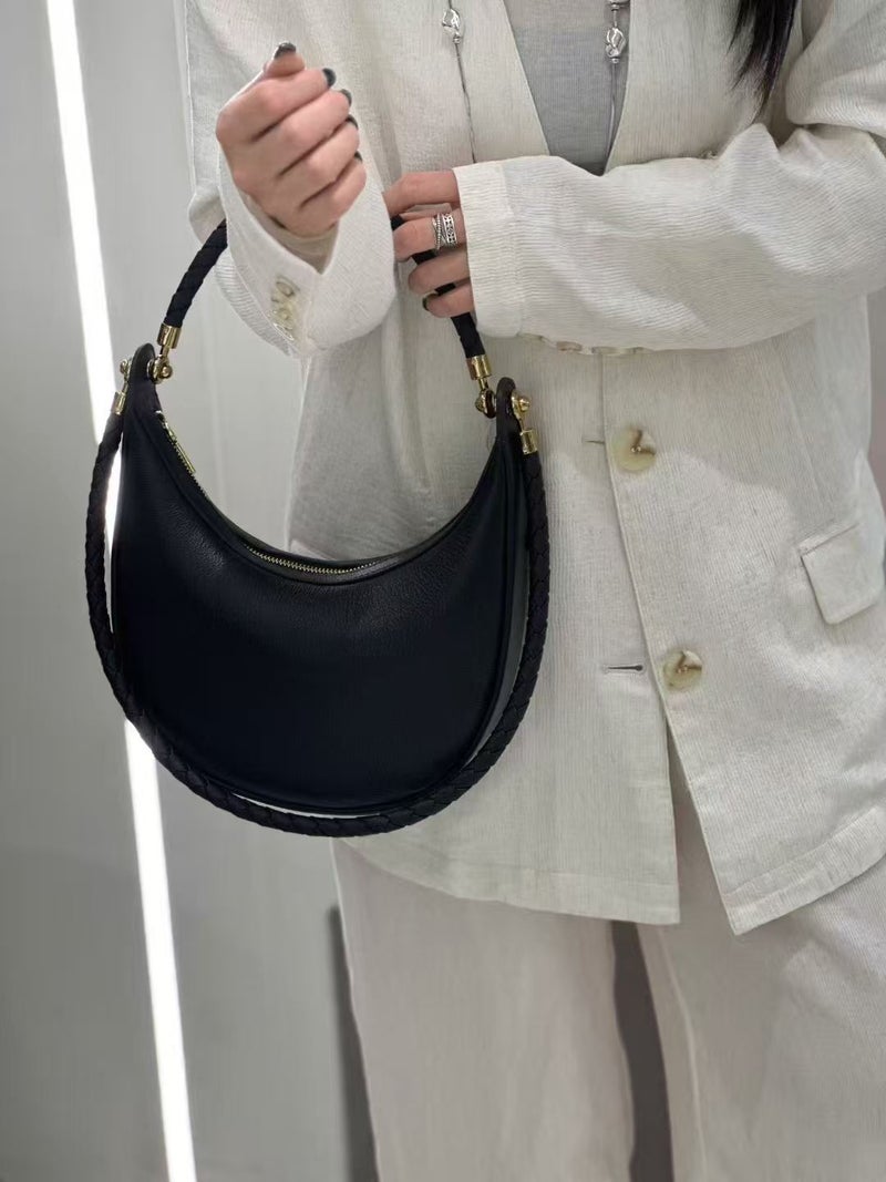 Simple Style Classic Hobo Woven Shoulder Strap Half-Moon Toe-Layer Cowhide Single Shoulder Crossbody Dumpling Bag - Image 3