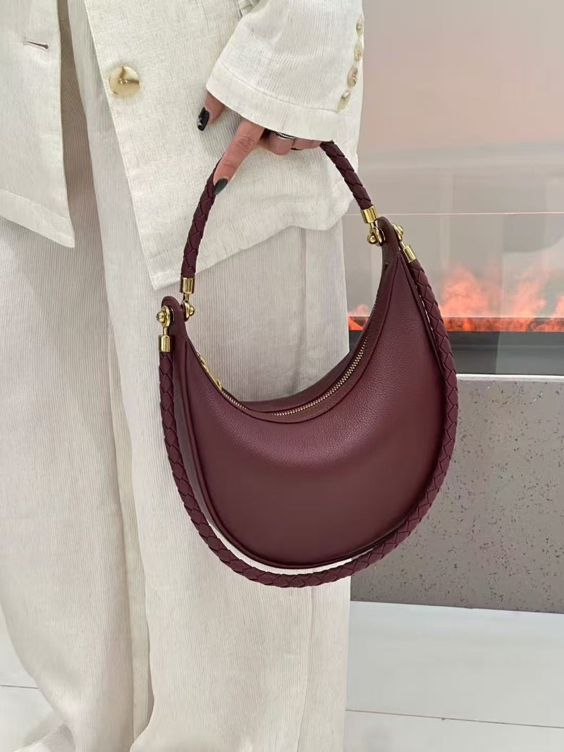 Simple Style Classic Hobo Woven Shoulder Strap Half-Moon Toe-Layer Cowhide Single Shoulder Crossbody Dumpling Bag - Image 2