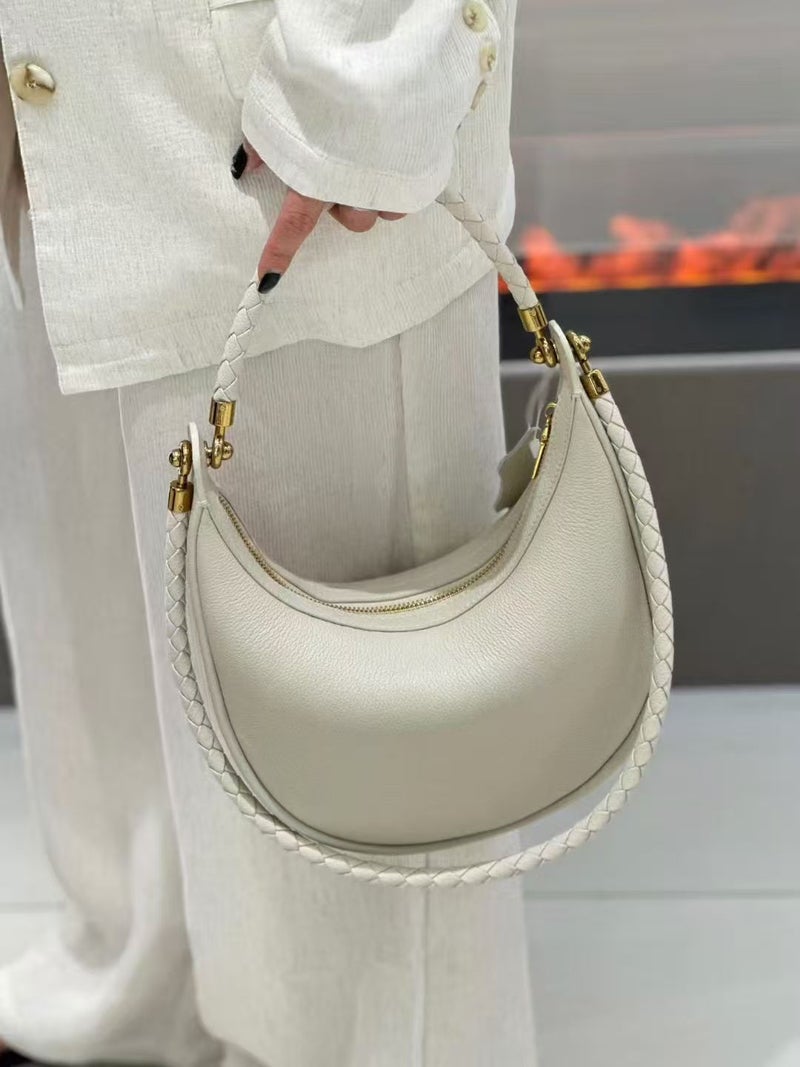 Simple Style Classic Hobo Woven Shoulder Strap Half-Moon Toe-Layer Cowhide Single Shoulder Crossbody Dumpling Bag - Image 1