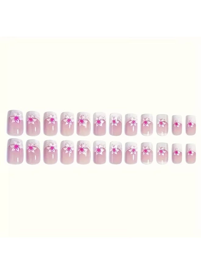 Goolsky Upgrade your look with 24pcs of short European square pink flower gradient design fingernails with jelly glue 1 nail file 1 - Image 3