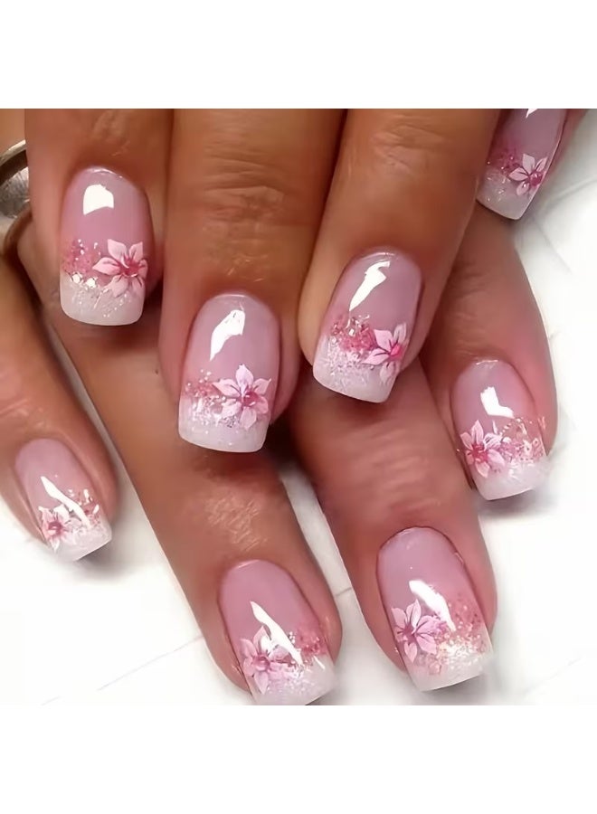 Goolsky Upgrade your look with 24pcs of short European square pink flower gradient design fingernails with jelly glue 1 nail file 1 - Image 1