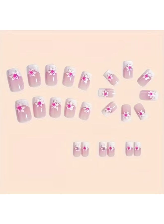 Goolsky Upgrade your look with 24pcs of short European square pink flower gradient design fingernails with jelly glue 1 nail file 1 - Image 2