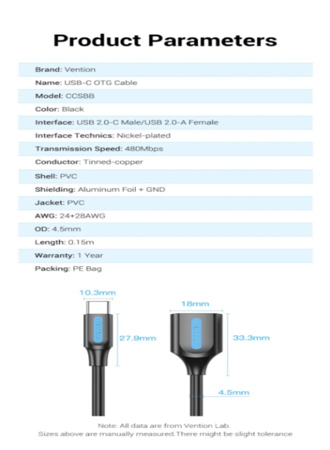 Vention USB 2.0 C Male to A Female OTG cable 0.15M Black PVC Type - Image 3