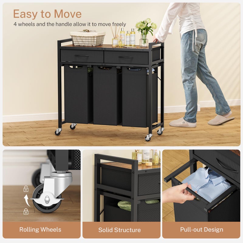 FGNTWP Laundry Sorter 3 Section, 120 L Laundry Hamper with 2 Drawers & 2-tone Top Panel, Rolling Laundry Basket Organizer with Pull-Out Removable Oxford Fabric Bags for Laundry Room Organization UNZYL006BVV3 - Image 5