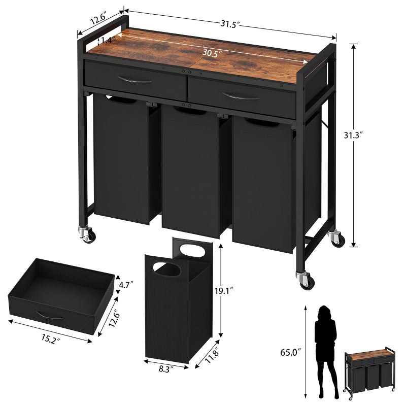 FGNTWP Laundry Sorter 3 Section, 120 L Laundry Hamper with 2 Drawers & 2-tone Top Panel, Rolling Laundry Basket Organizer with Pull-Out Removable Oxford Fabric Bags for Laundry Room Organization UNZYL006BVV3 - Image 2