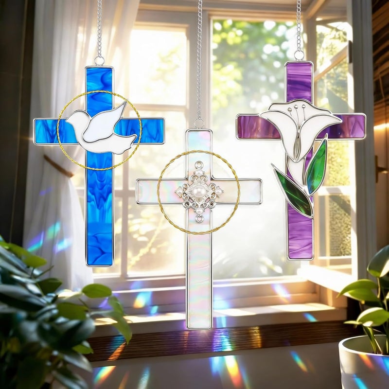 LemonRoad Unfinished Pre Cut Stained Glass for Adult Made Easy Stained Glass Craft with Solder Wire, Flux Brush for Home Birthday Party Decor(3 Set,Cross) - Image 4
