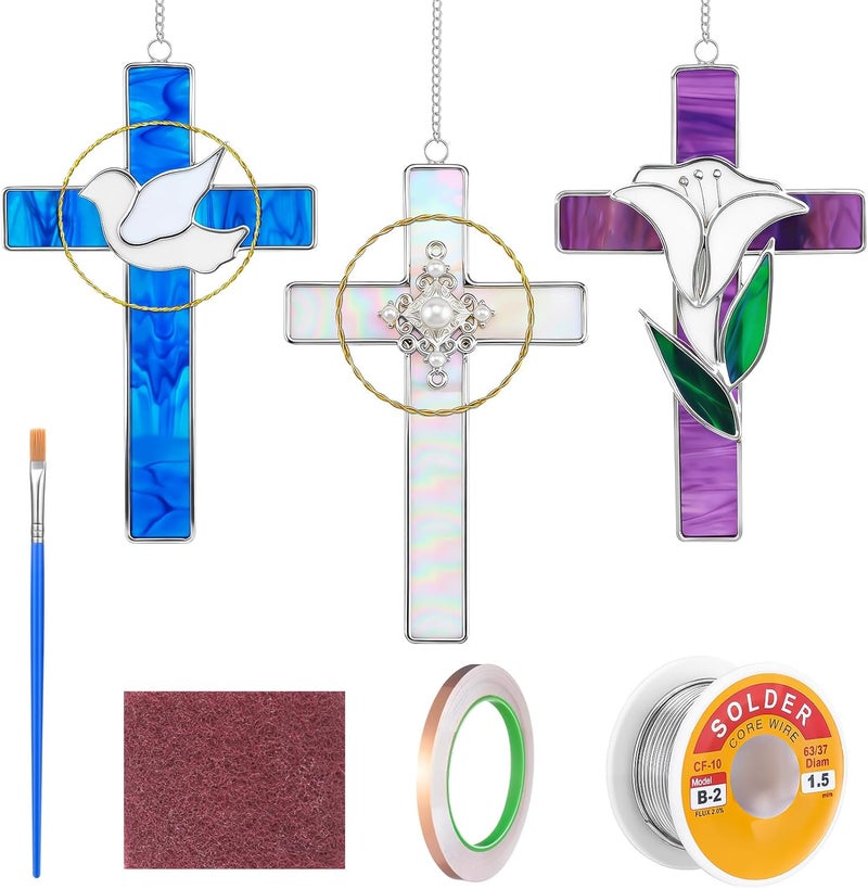 LemonRoad Unfinished Pre Cut Stained Glass for Adult Made Easy Stained Glass Craft with Solder Wire, Flux Brush for Home Birthday Party Decor(3 Set,Cross) - Image 1