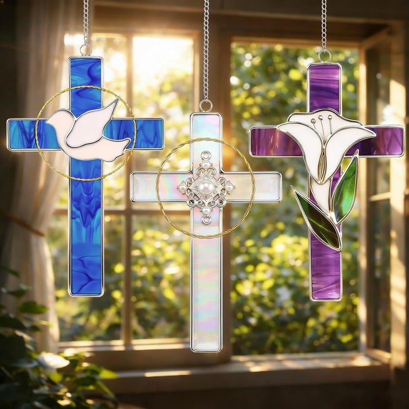 LemonRoad Unfinished Pre Cut Stained Glass for Adult Made Easy Stained Glass Craft with Solder Wire, Flux Brush for Home Birthday Party Decor(3 Set,Cross) - Image 3