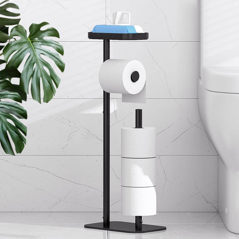 Kitsure Toilet Paper Holder Free Standing Rustproof Metal Toilet Paper Stand for 4 Rolls with AntiSlip Base and Shelf for Phone Small Items Bathroom Organizers and Storage Medium Black