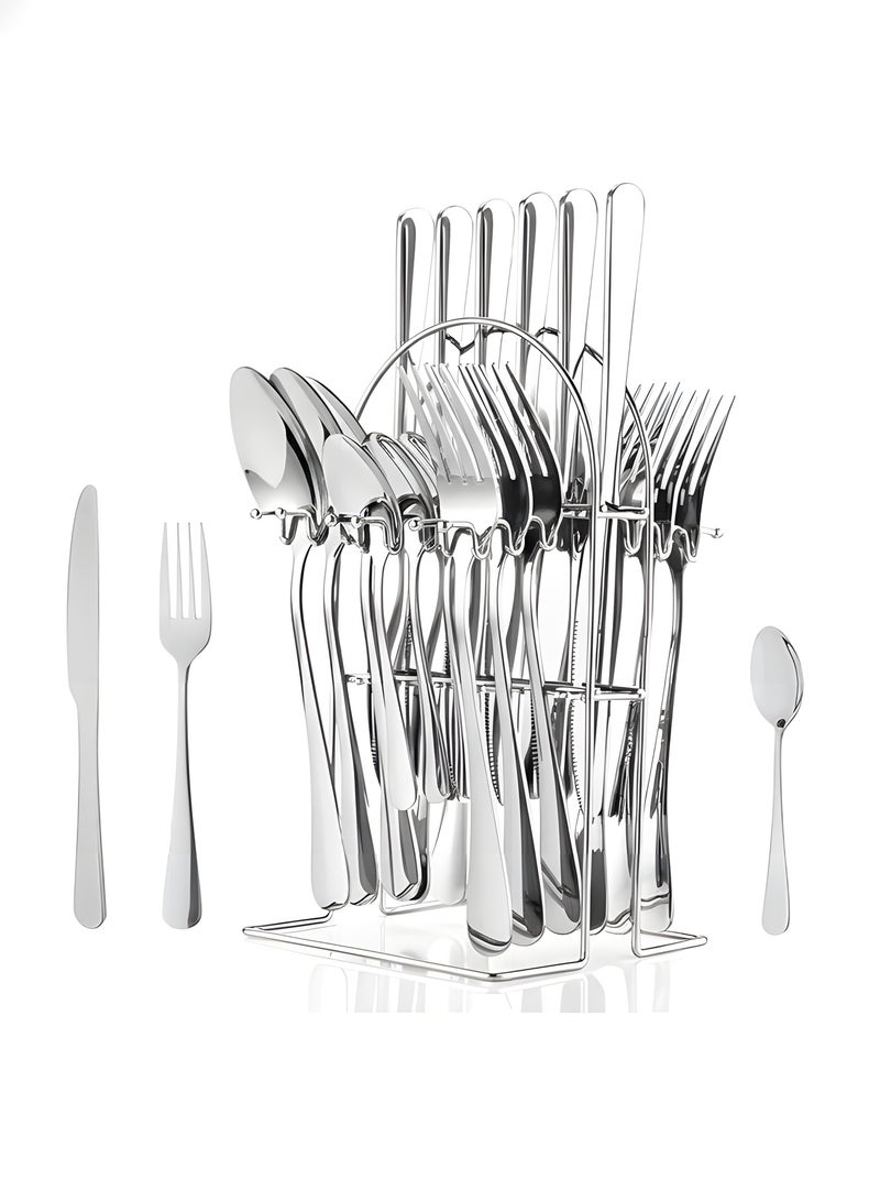 24 Pieces Tableware Set with Holding Stand, Stainless Steel Cutlery Set Flatware Utensils Including Steak Knife/Fork/Spoon (Silver) - Image 1
