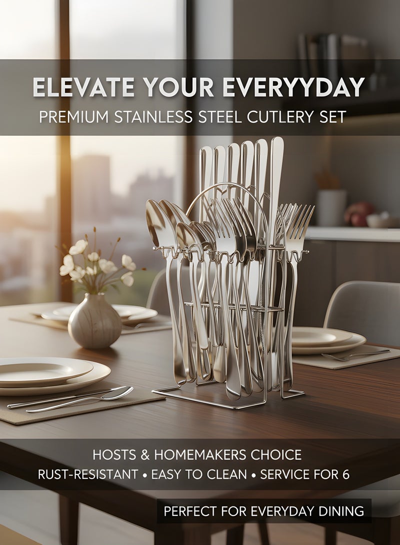 24 Pieces Tableware Set with Holding Stand, Stainless Steel Cutlery Set Flatware Utensils Including Steak Knife/Fork/Spoon (Silver) - Image 3