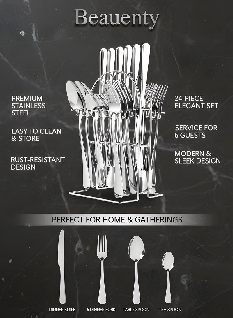 24 Pieces Tableware Set with Holding Stand, Stainless Steel Cutlery Set Flatware Utensils Including Steak Knife/Fork/Spoon (Silver) - Image 2
