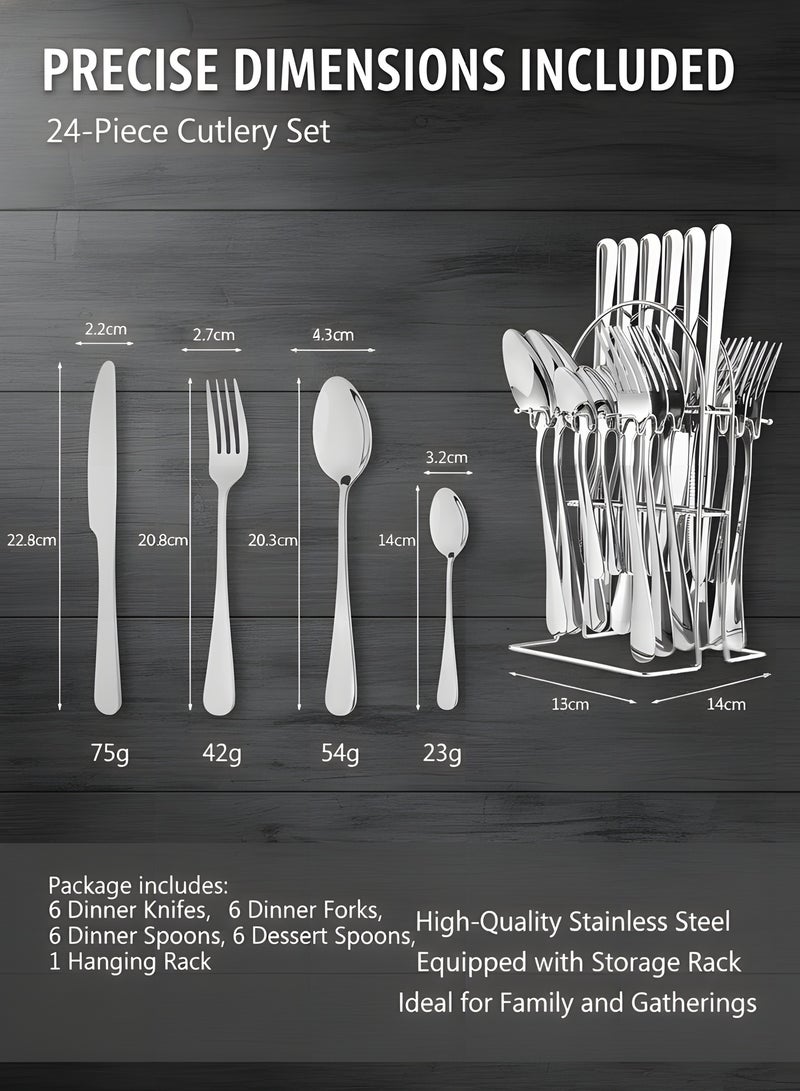 24 Pieces Tableware Set with Holding Stand, Stainless Steel Cutlery Set Flatware Utensils Including Steak Knife/Fork/Spoon (Silver) - Image 4