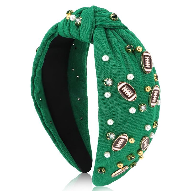 BAHABY Football Headbands for Women Crystal Football Embellished Wide Top Knot Headband for Women Game Day Hair Accessories (Green) - Image 1