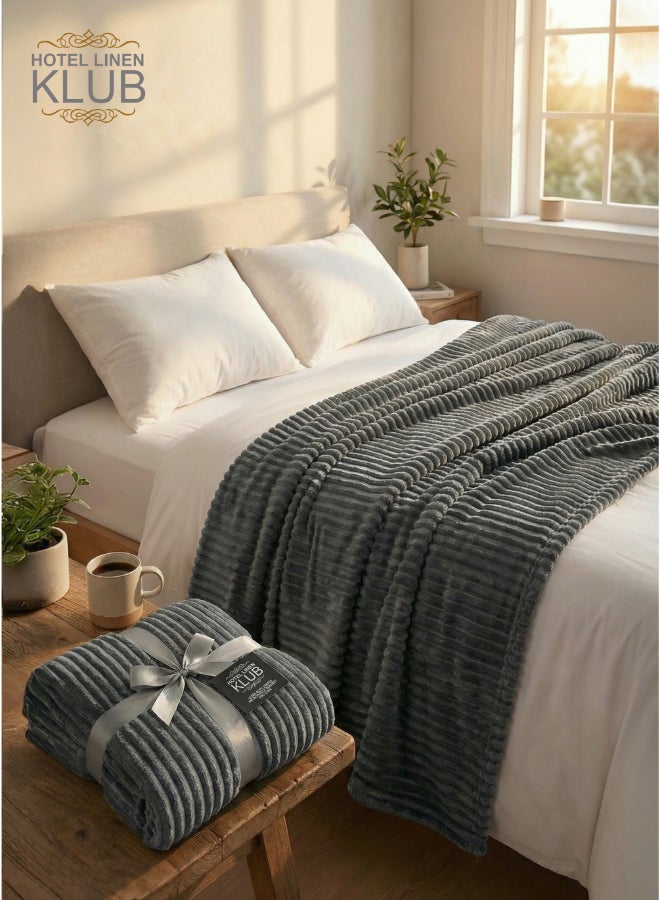 Hotel Linen Klub Ultra-Soft Microfleece Blanket Double (200x220 cm) – Lightweight 300GSM Throw Blanket with Stripe Pattern, Warm and Breathable for Year-Round Use, Grey - Image 4
