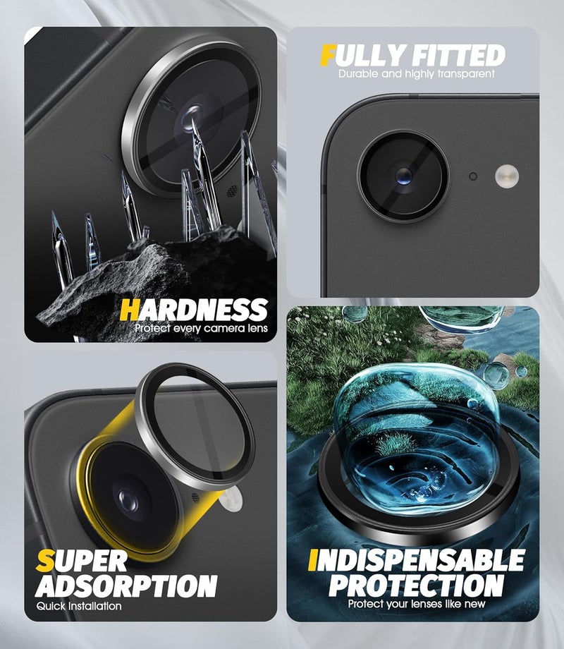 Orzero (3 Pack) Camera Lens Protector Compatible for iPhone 16e, Protector de Cámera Individual 3D Alloy Metal Ring Glass Cover CD Pattern Case Friendly Original Color - Black - Image 3