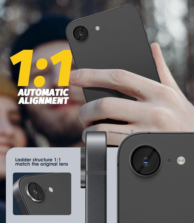 Orzero (3 Pack) Camera Lens Protector Compatible for iPhone 16e, Protector de Cámera Individual 3D Alloy Metal Ring Glass Cover CD Pattern Case Friendly Original Color - Black - Image 2