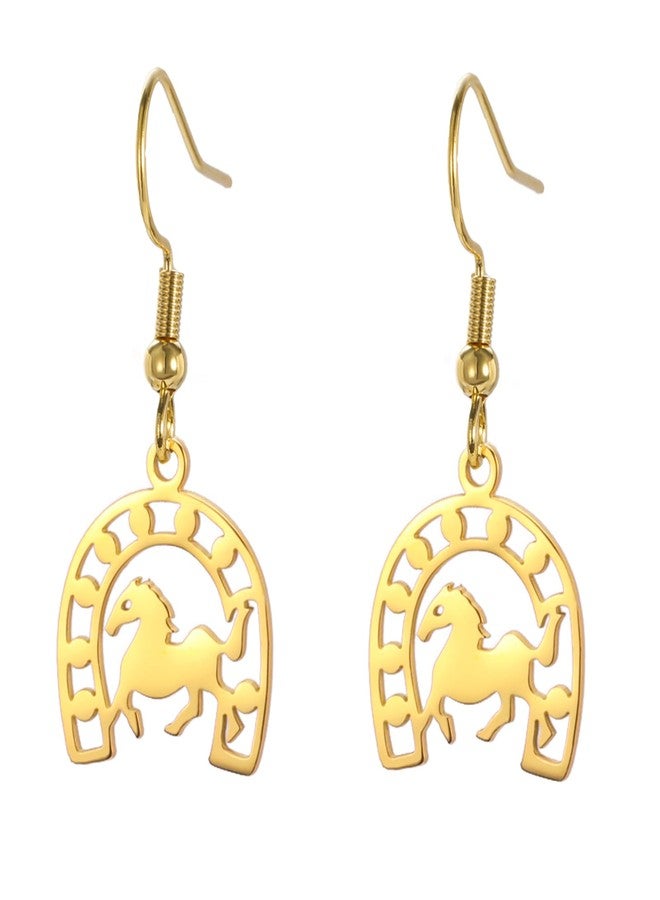 UNIFT Lucky Horseshoe Earring for Women Stainless Steel Horse & Horseshoe Pendant Earring Animal Jewelry Gift for Horse Lovers and Equestrian (gold) - Image 1