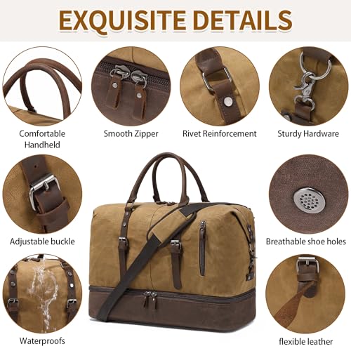 FENGDONG Weekender Bag Large Overnight Bag for Men Women Tote with Shoe Compartment Canvas Carry on Luggage Bag Travel Duffel Bag Brown - Image 5