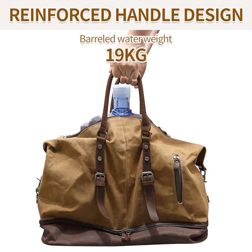 FENGDONG Weekender Bag Large Overnight Bag for Men Women Tote with Shoe Compartment Canvas Carry on Luggage Bag Travel Duffel Bag Brown - Image 3