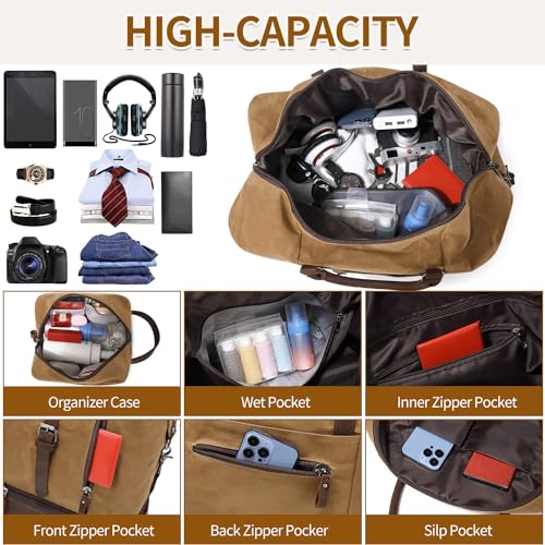 FENGDONG Weekender Bag Large Overnight Bag for Men Women Tote with Shoe Compartment Canvas Carry on Luggage Bag Travel Duffel Bag Brown - Image 4