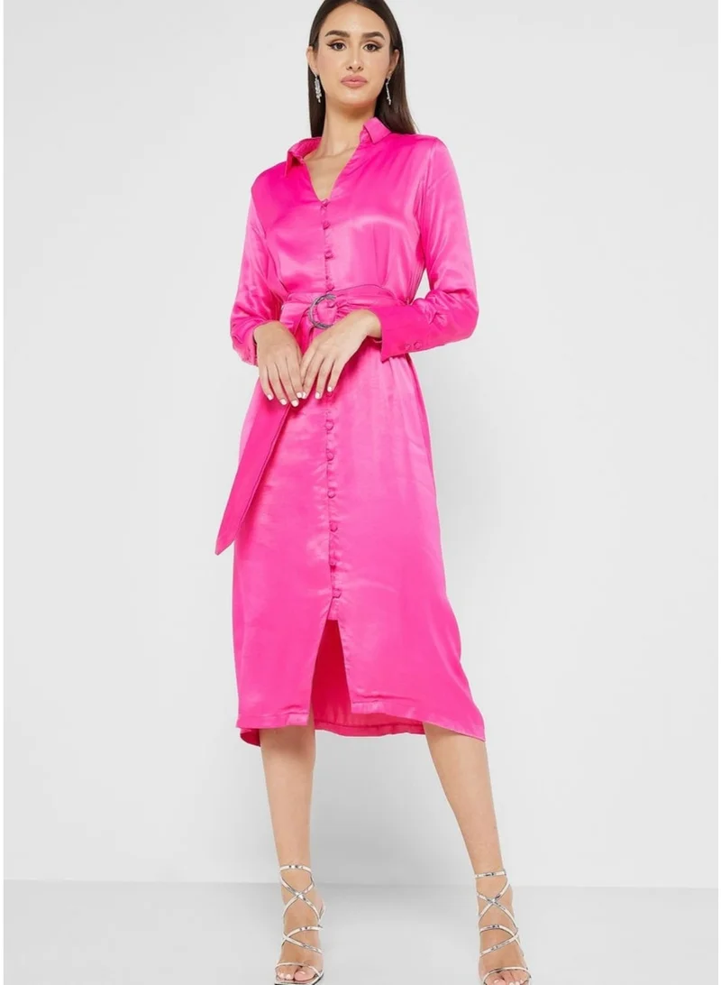 Fashonara Silk Pink Long Sleeve Collared Shirt Dress
