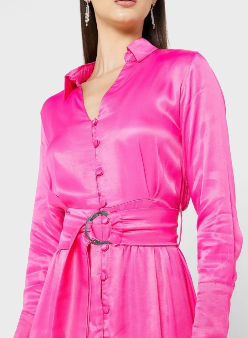 Fashonara Silk Pink Long Sleeve Collared Shirt Dress