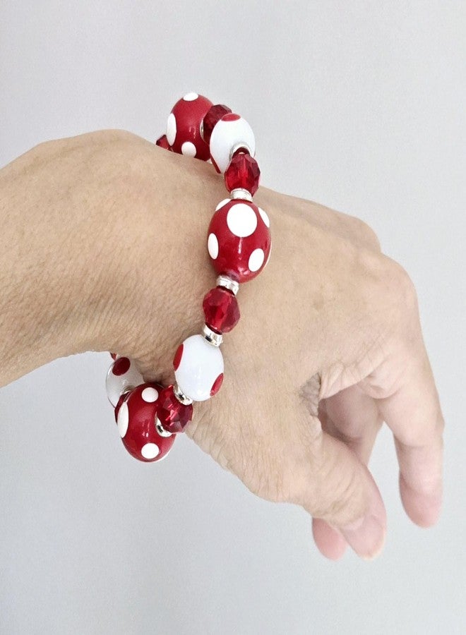 Linpeng Polka Dots Glass Beaded Stretch Bracelet, Christmas Birthday Gift Idea for Her, 1 pc (Red) - Image 2