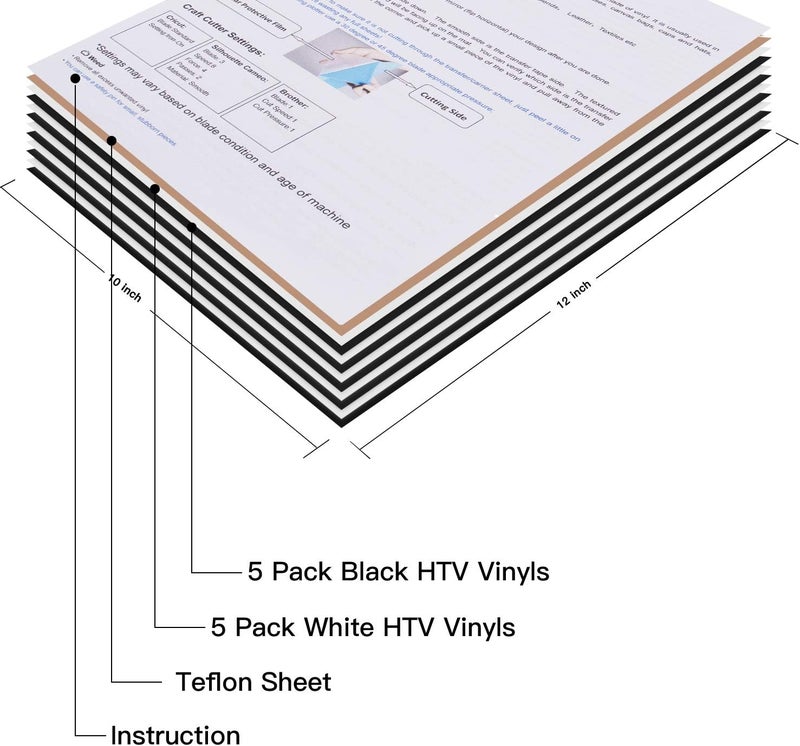 JANDJPACKAGING Heat Transfer Vinyl HTV Bundle - 5 White and 5 Black 12" X 10" Iron on Vinyl, HTV Vinyl for Cricut Silhouette Cameo Heat Press Machine with Teflon Sheet Included - Image 2