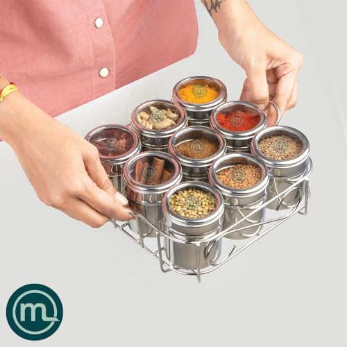 Mishaa Steel Multipurpose Storage Containers - Perfect Organizer for Masala Spices, Herbs, Mouth Freshner, Dry Fruits, 130ml Each Airtight Containers with See-Through Lid (9IN1 SQUARE WIRESTAND) - Image 4