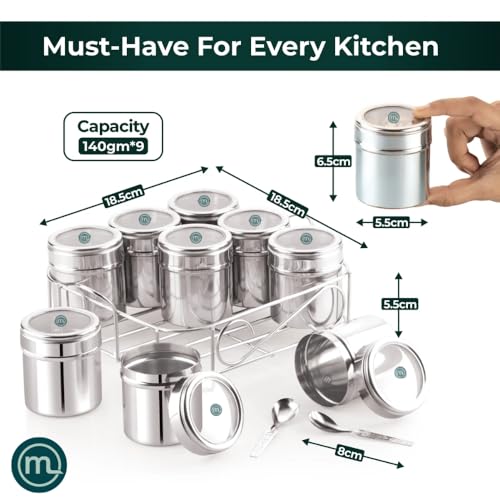 Mishaa Steel Multipurpose Storage Containers - Perfect Organizer for Masala Spices, Herbs, Mouth Freshner, Dry Fruits, 130ml Each Airtight Containers with See-Through Lid (9IN1 SQUARE WIRESTAND) - Image 2