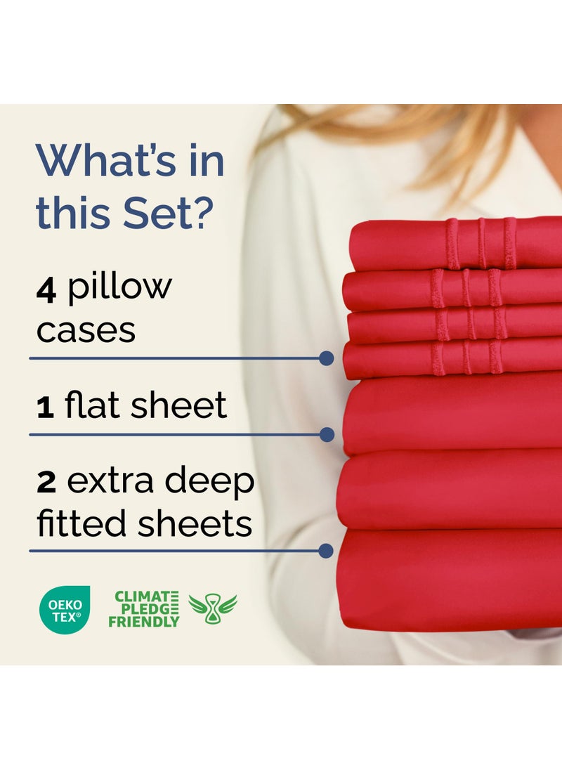 Extra Deep Split King Sheet Set - 7 Piece Breathable & Cooling Sheets - Hotel Luxury Bed Sheets Set - Easy & Secure Fit - Soft  Wrinkle Free & Comfy Sheets Set - Red Sheet Set with Extra Deep Pockets