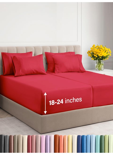 Extra Deep Split King Sheet Set - 7 Piece Breathable & Cooling Sheets - Hotel Luxury Bed Sheets Set - Easy & Secure Fit - Soft  Wrinkle Free & Comfy Sheets Set - Red Sheet Set with Extra Deep Pockets