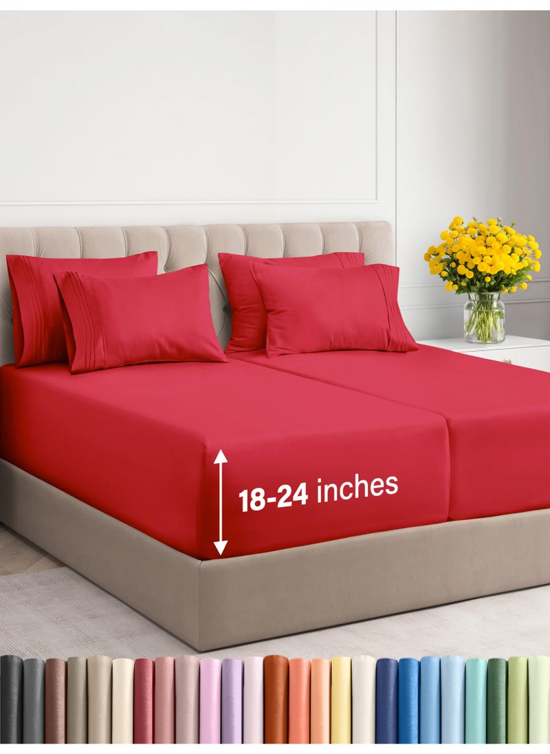 Extra Deep Split King Sheet Set - 7 Piece Breathable & Cooling Sheets - Hotel Luxury Bed Sheets Set - Easy & Secure Fit - Soft  Wrinkle Free & Comfy Sheets Set - Red Sheet Set with Extra Deep Pockets