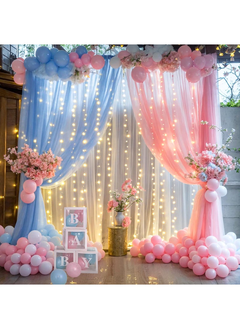 Suppromo Pink Blue Sheer Tulle Backdrop Curtains with Lights String for Gender Reveal Baby Shower Decorations for Boy or Girl Birthday Party Photo Shoot Backdrop Background Decorations 2 Panels 58ft 