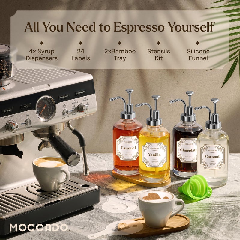 Moccado Glass Coffee Syrup Dispenser for Coffee Bar - Set of 4 Silver 16.9 oz / 500 ml Glass Syrup Bottles, Includes 2 Bamboo Trays, 16 Stencils, Labels, Coffee Bar Accessories - Image 2