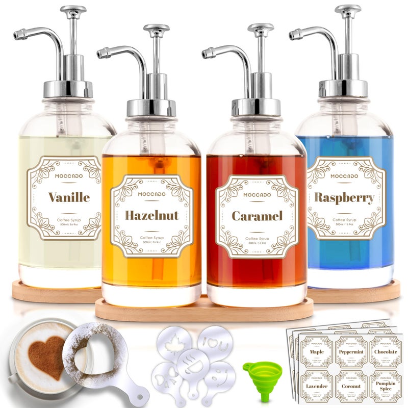 Moccado Glass Coffee Syrup Dispenser for Coffee Bar - Set of 4 Silver 16.9 oz / 500 ml Glass Syrup Bottles, Includes 2 Bamboo Trays, 16 Stencils, Labels, Coffee Bar Accessories - Image 1