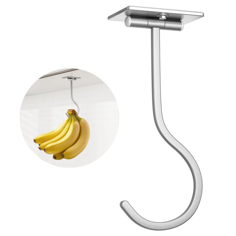 bussdis Adhesive Banana Hanger Under Cabinet: Sticky Banana Hooks Under Counter, Banana Holder for Hanging Kitchen Utensil, Foldable with Magnets When Not in Use, Keep Bananas Fresh, Hold 13 LB, Silver - Image 1